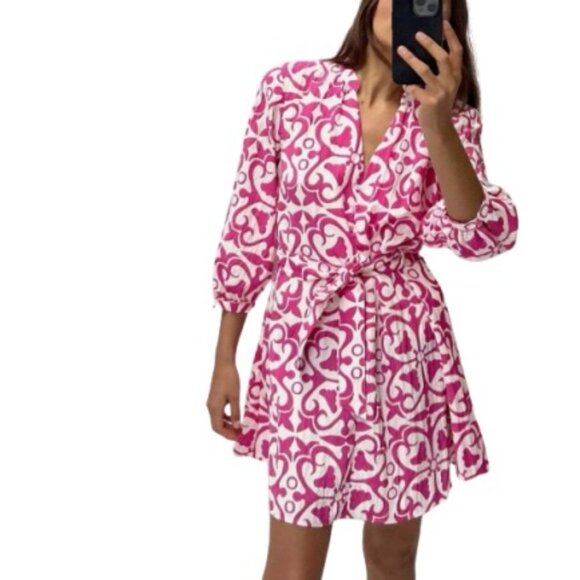 Zara Womens Mini Shirt Dress Pink White Batik Floral Belted S - Picture 1 of 4